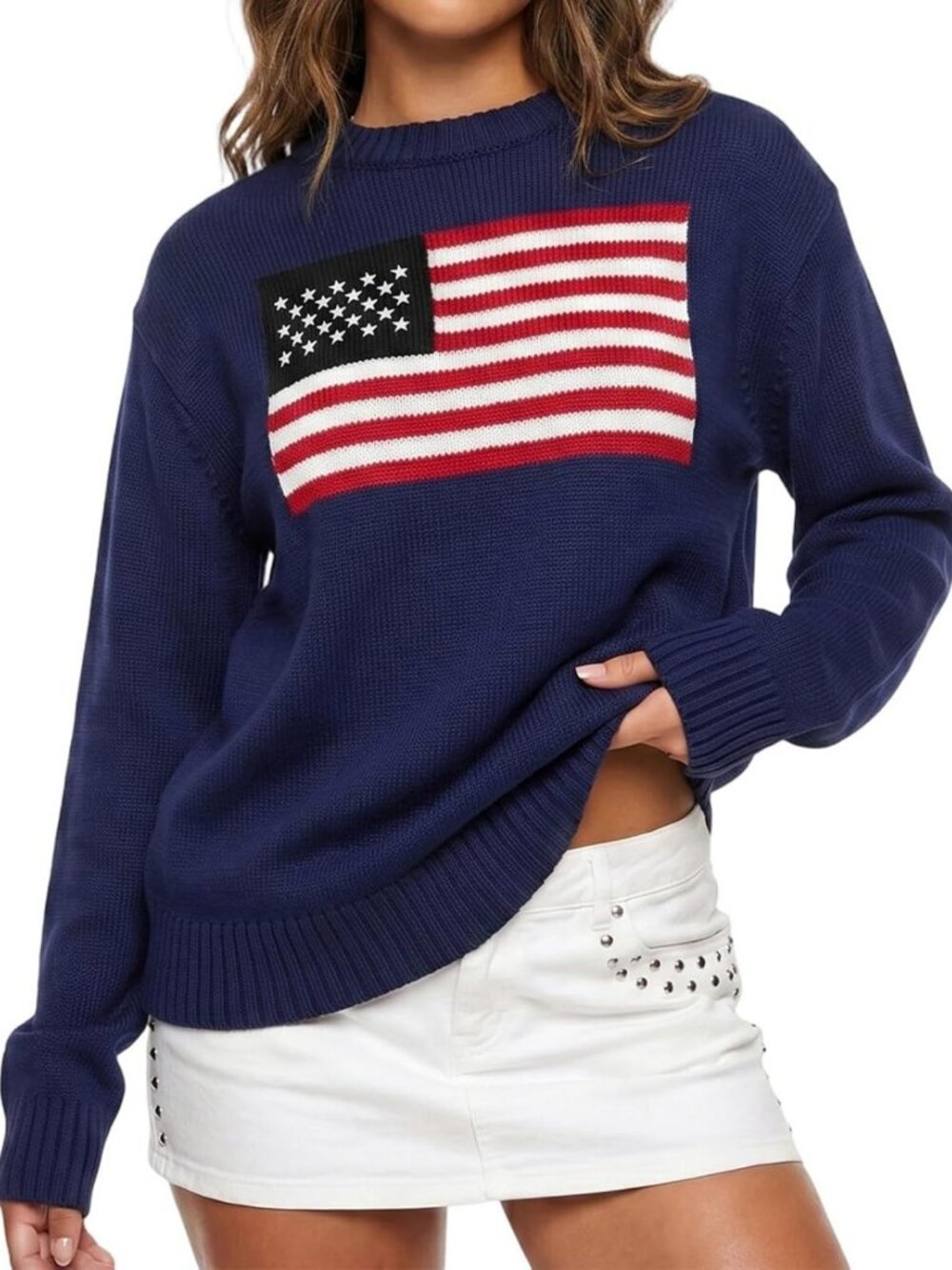 Oversized USA Flag Knit Pullover Sweater for Women - Casual Long Sleeve Top